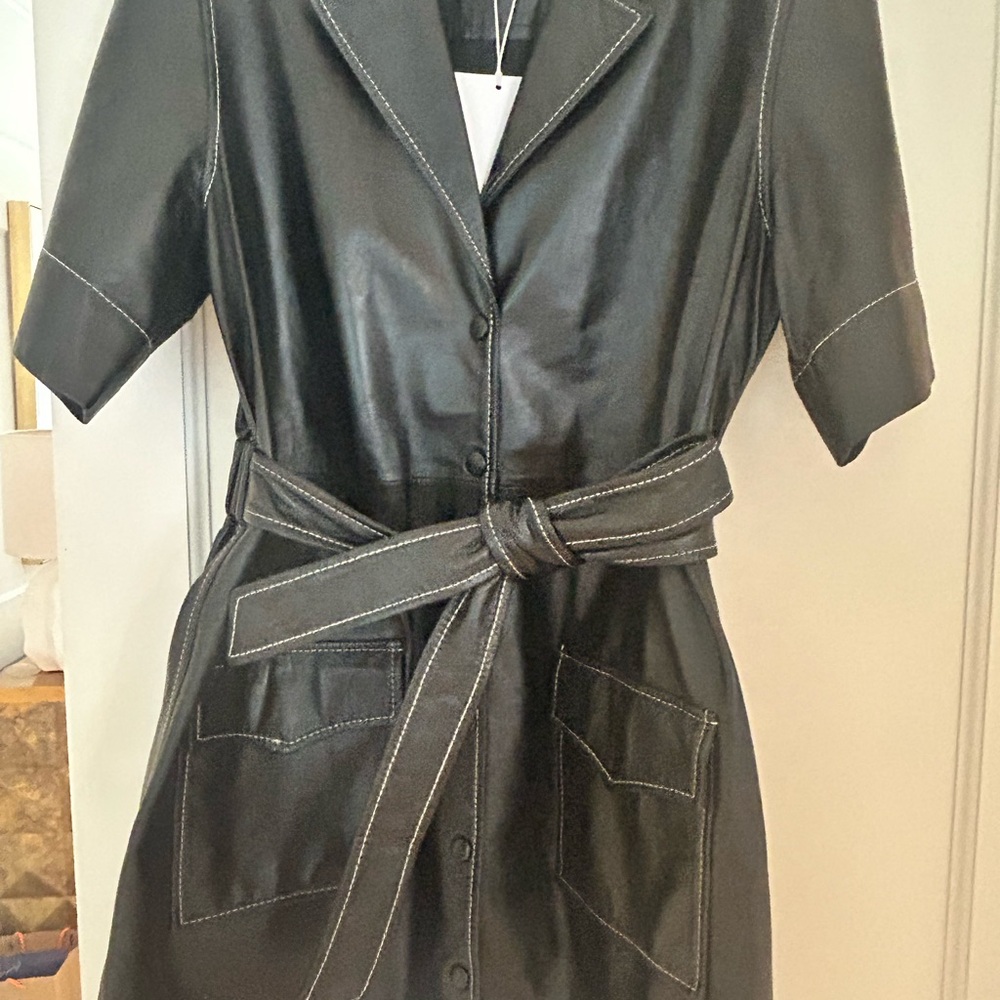 NWT GANNI lamb skin leather button down dress, tie waist, size EU 40, US 8/10